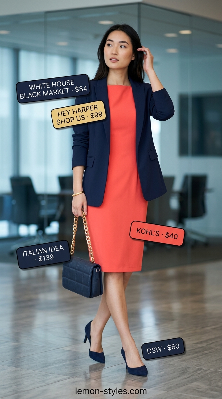 Cool summer office outfits for women 2026: Coral sheath dress, navy blazer, and pumps for a sharp, authoritative look.