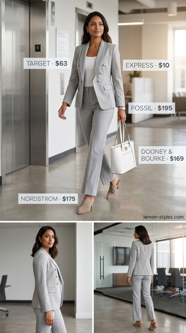 Cool Summer Office Outfits 2026: Soft Grey Co-ord Cool summer office outfits for women 2026: Light grey wool blend co-ord set, white top, and block heels for a sleek look.