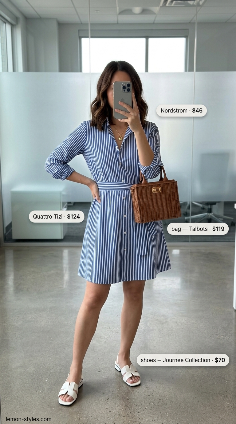 Striped Midi Dress: Cool Summer Office Outfits 2026 Blue stripe midi dress for cool summer office outfits for women 2026. Effortless for casual Friday & warm weather.