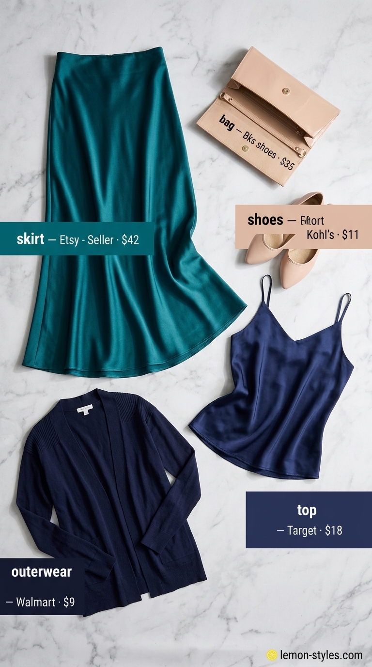Cool Summer Office Outfits 2026: Teal Pleated Perfection Cool summer office outfits for women 2026: Teal pleated skirt, navy camisole, and nude flats for an artistic look.