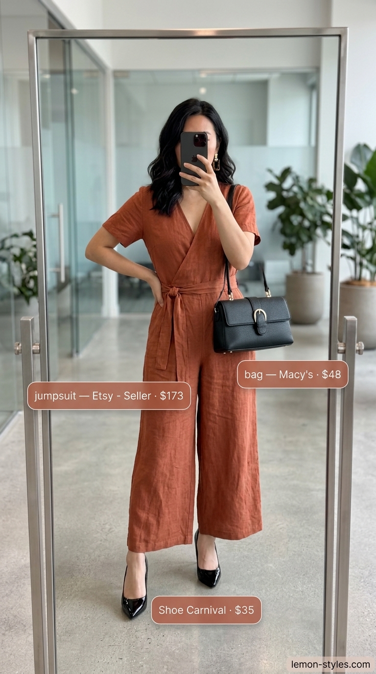 Terracotta Jumpsuit: Cool Summer Office Outfits 2026 Terracotta jumpsuit for cool summer office outfits for women 2026. Perfect for business lunch & creative work days.