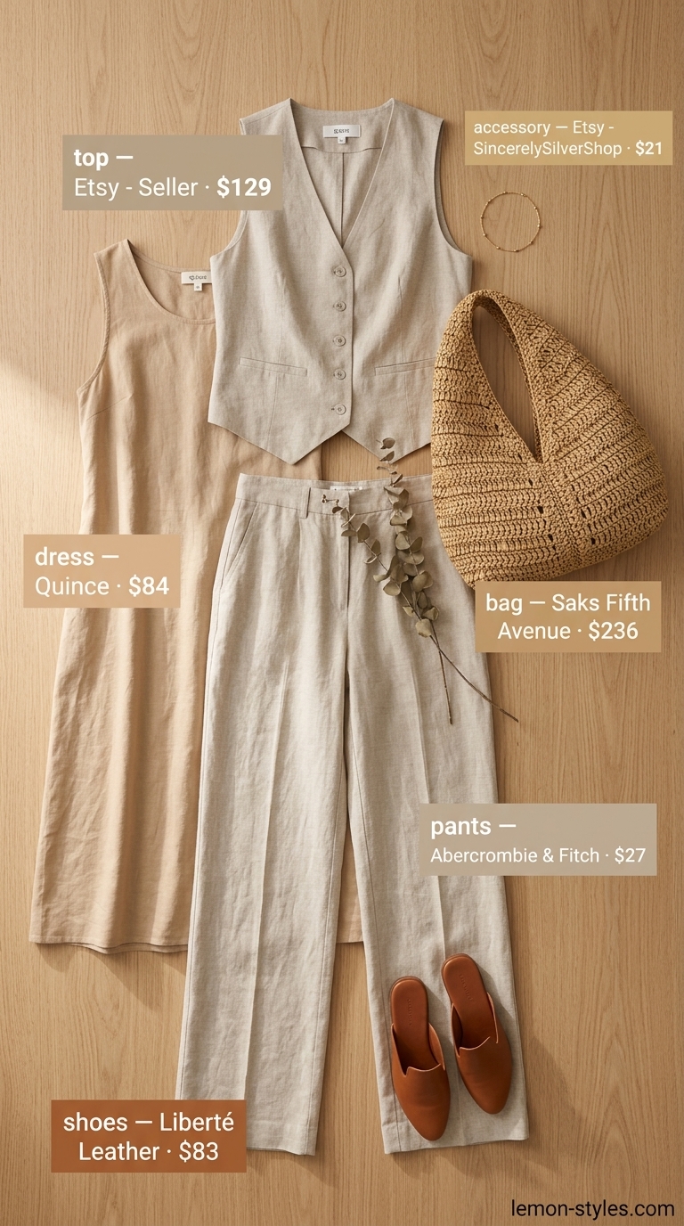 Cottagecore linen summer outfits for women 2026: Beige linen vest & trousers set, cream camisole, tan mules for an artist studio.