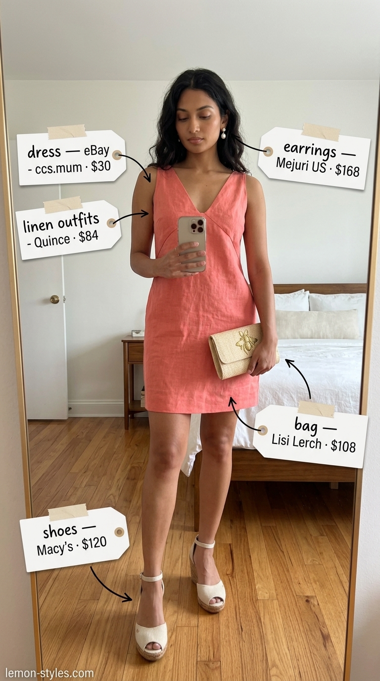 Cottagecore linen summer outfits for women 2026: Soft coral linen dress, straw clutch, gold earrings for a sunset soiree.
