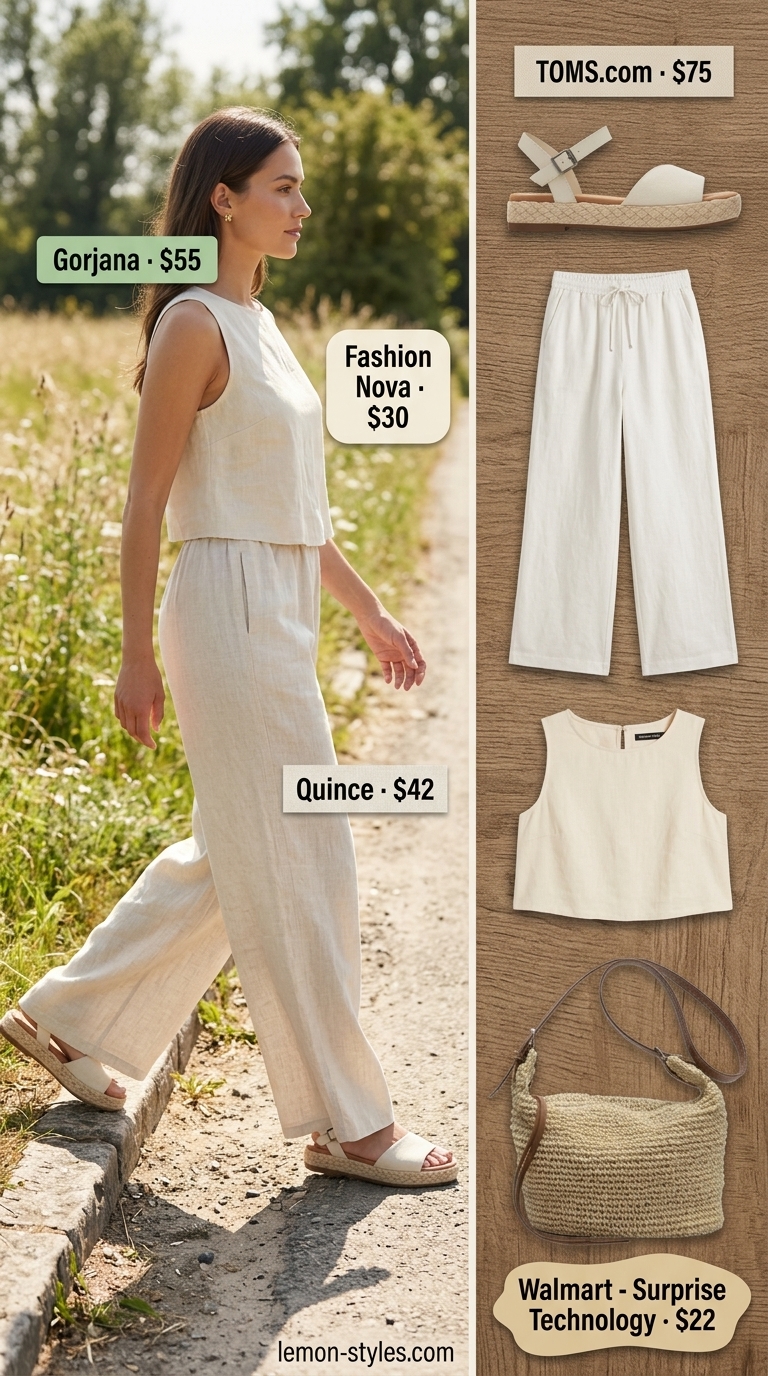 Cottagecore linen summer outfits for women 2026: Cream linen pants, sage green crop top, straw bag, espadrilles.