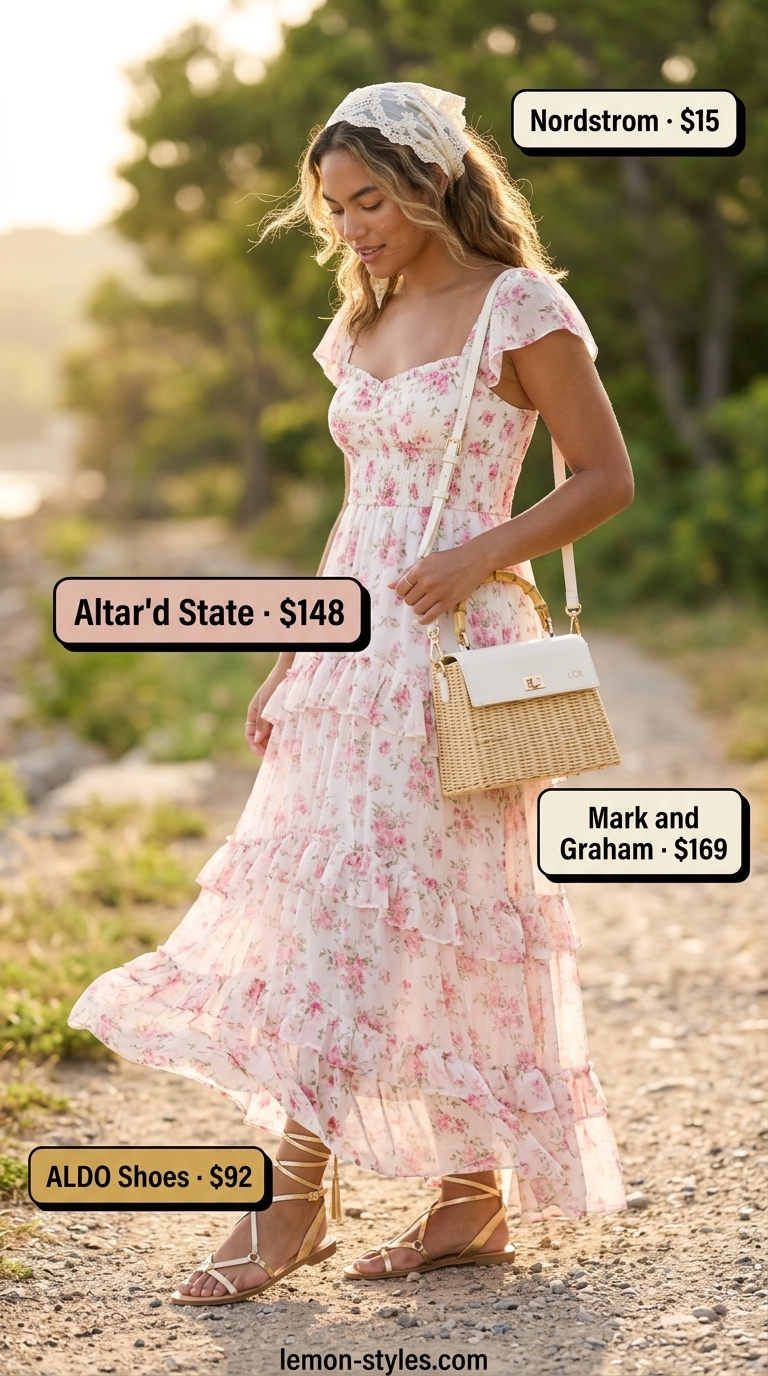 Cottagecore linen summer outfits for women 2026: Floral linen maxi dress, straw bag, gold sandals, lace headscarf.