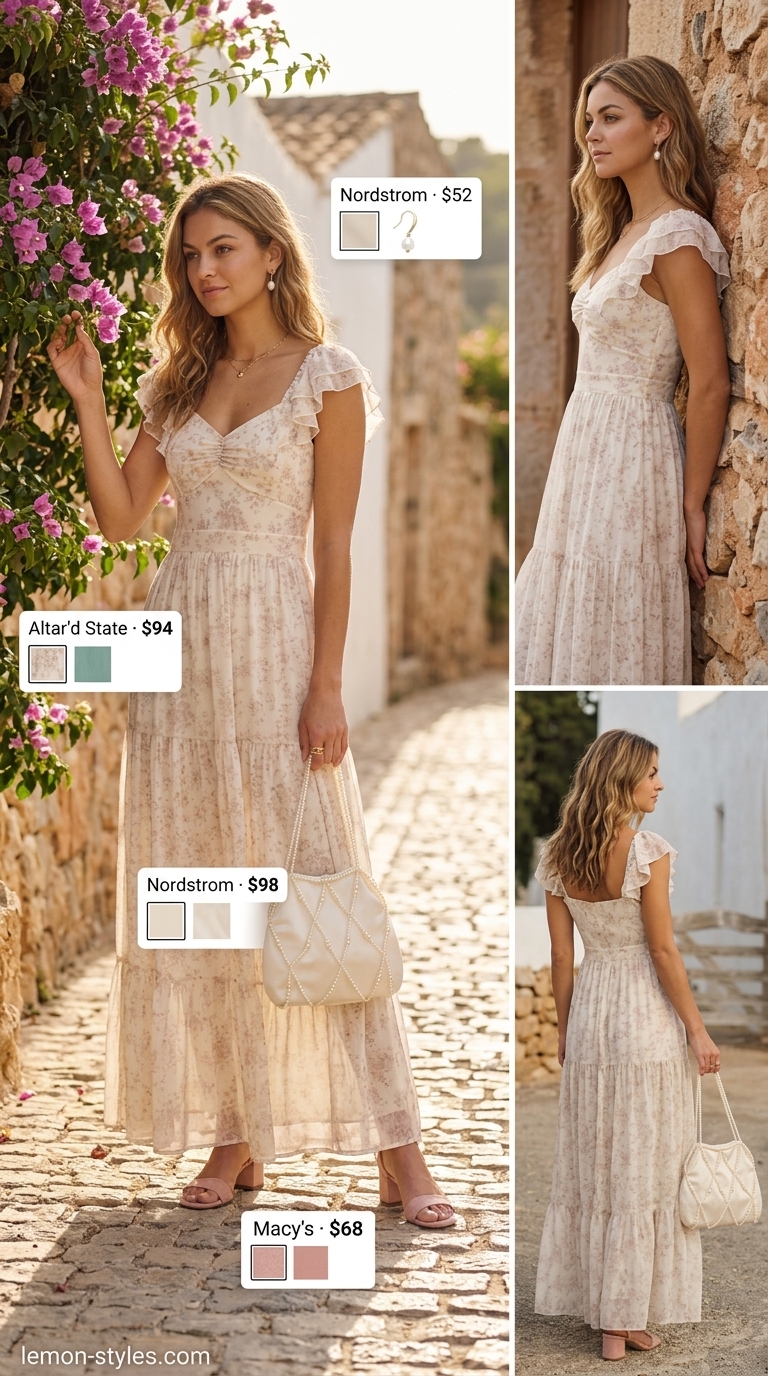Cottagecore linen summer outfits for women 2026: Cream floral linen maxi dress, straw hat, soft pink sandals.