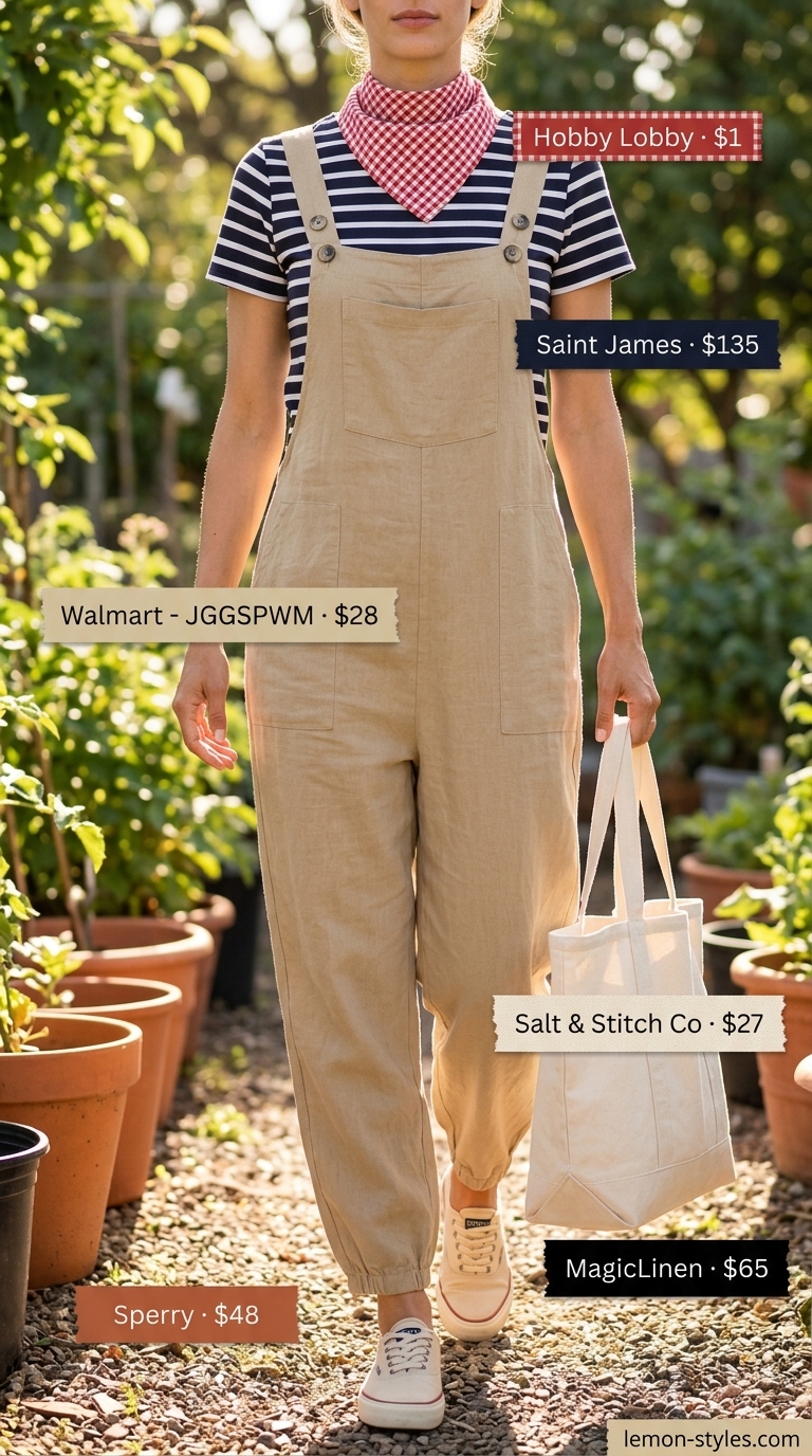 Cottagecore linen summer outfits for women 2026: Khaki linen overalls, striped tee, bandana, canvas tote.
