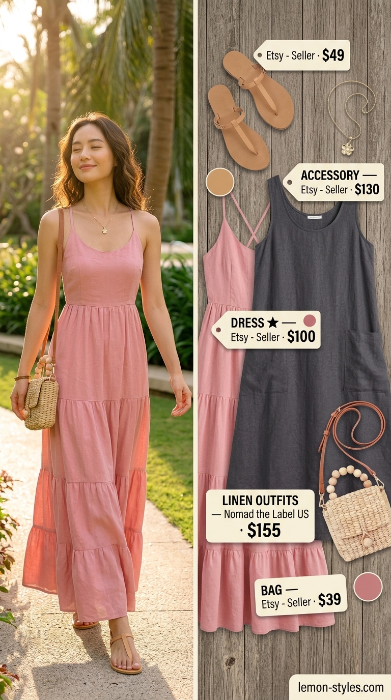 Cottagecore linen summer outfits for women 2026: Soft lavender linen midi dress, espadrilles, straw bag.