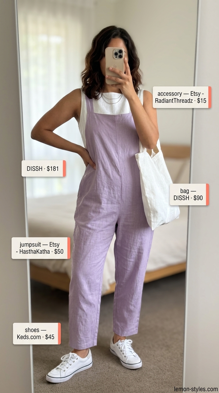 Cottagecore linen summer outfits for women 2026: Lavender linen jumpsuit, white tee, crossbody bag, sneakers.