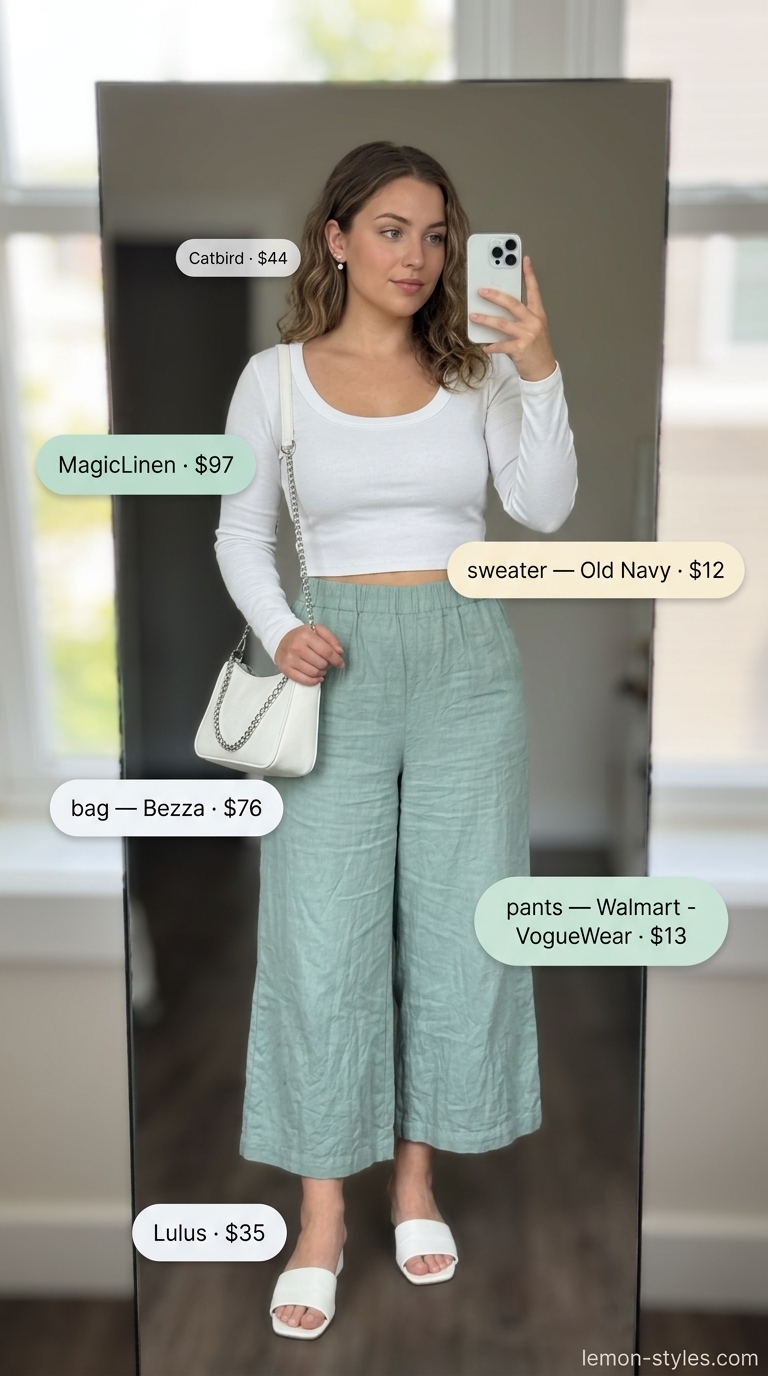 Cottagecore linen summer outfits for women 2026: Mint green culottes, white knit top, white slides, crossbody bag.