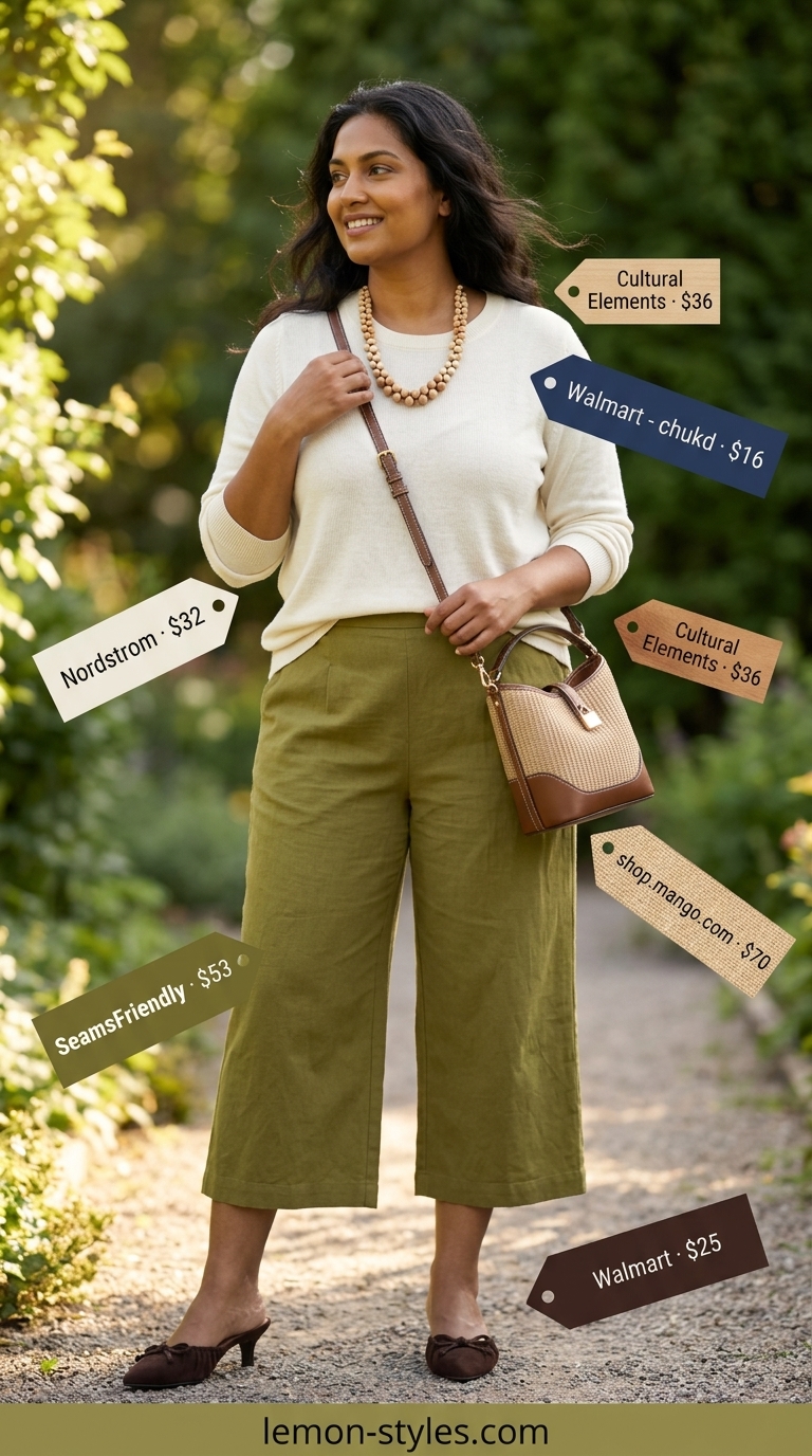 Cottagecore linen summer outfits for women 2026: Olive green culottes, ivory sweater, brown mules for a cozy evening look.