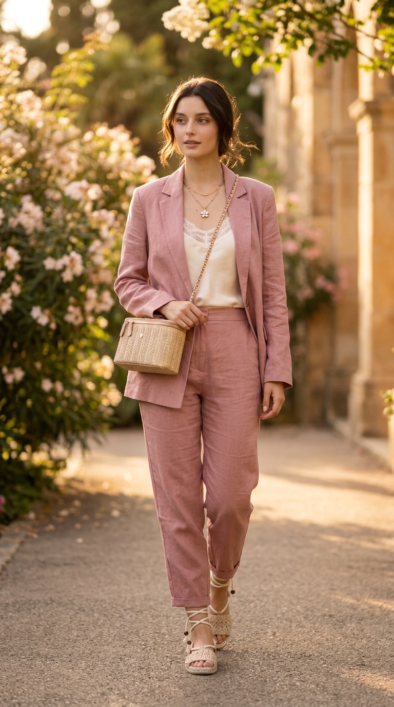 Cottagecore linen summer outfits for women 2026: Peach linen trousers, ivory camisole, straw bag, espadrilles.