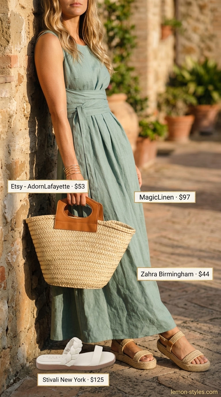 Cottagecore linen summer outfits for women 2026: Sage green linen maxi dress, straw tote, leather slides, wood earrings.