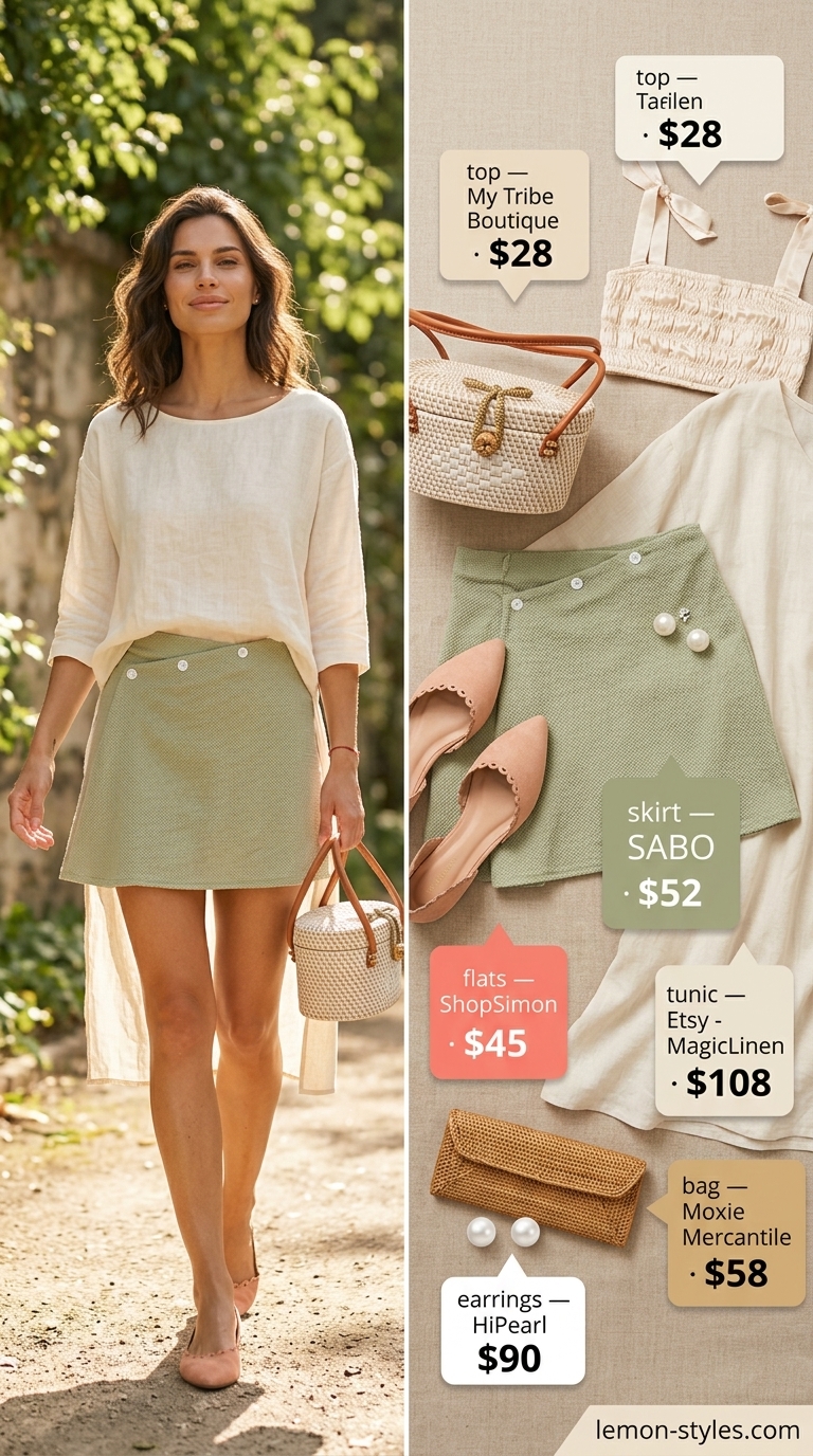 Cottagecore linen summer outfits for women 2026: Sage green linen skirt, cream smocked top, wicker bag.