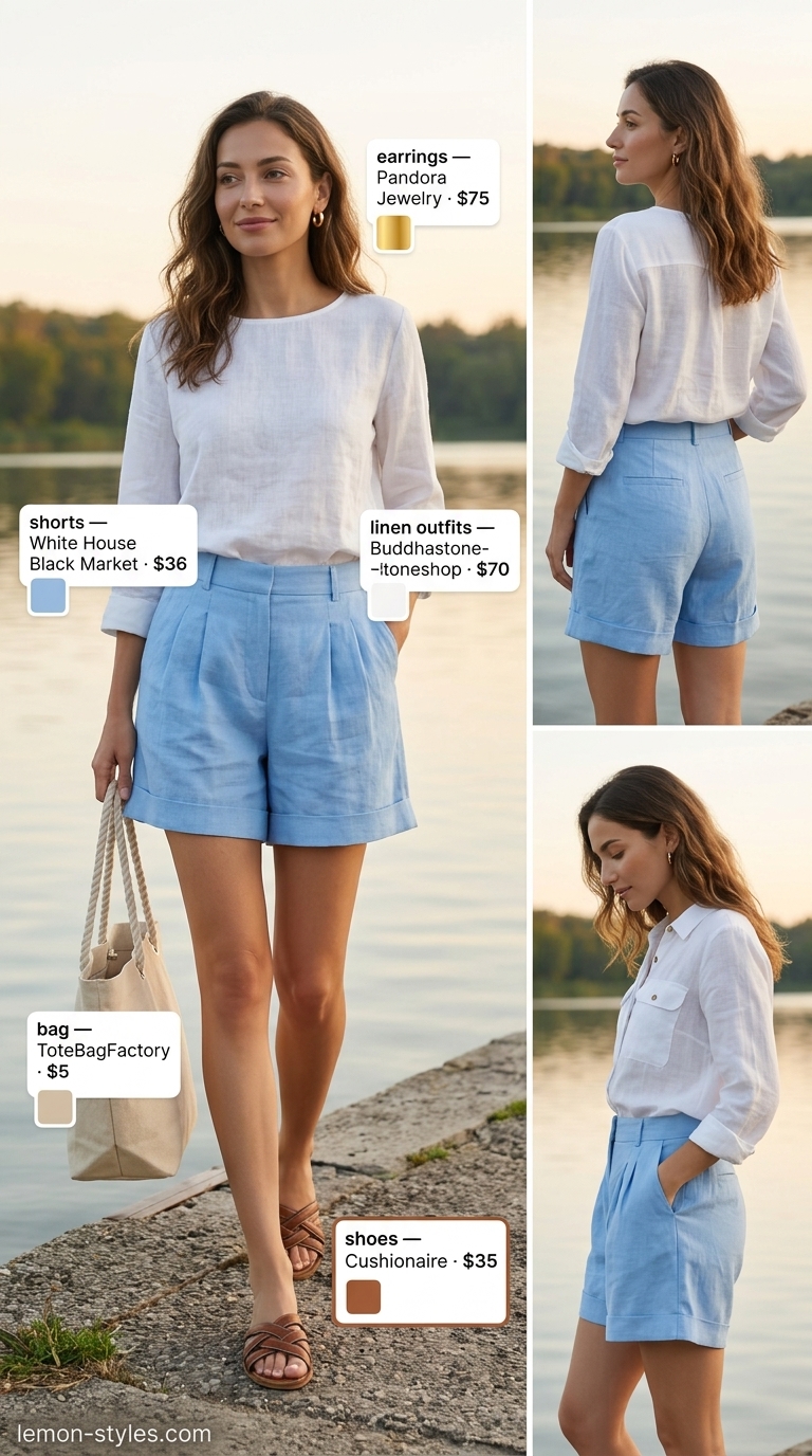 Cottagecore linen summer outfits for women 2026: Sky blue linen shorts, white peasant blouse, canvas sneakers.