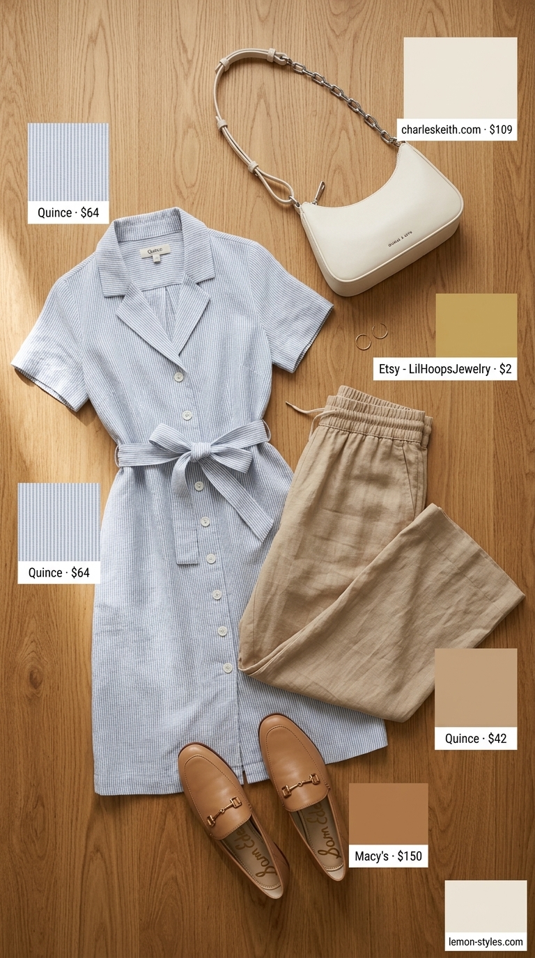 Cottagecore linen summer outfits for women 2026: Blue & white striped linen midi dress, tan leather slides, gold jewelry.