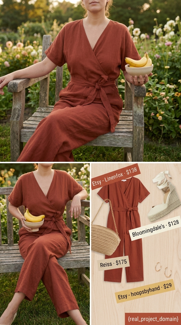 Cottagecore linen summer outfits for women 2026: Terracotta wide-leg jumpsuit, cream espadrilles, raffia clutch for a farmhouse gathering.