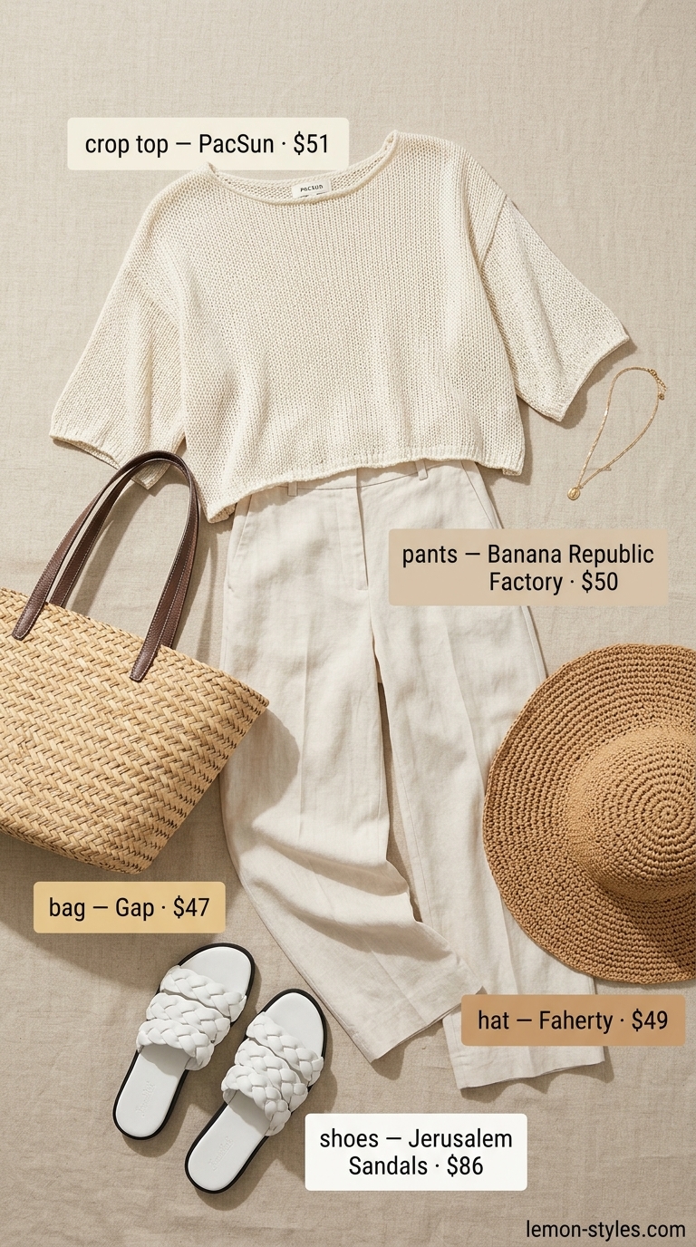 Cream crochet crop top, palazzo pants, straw hat for boho beach cover-up 2026.