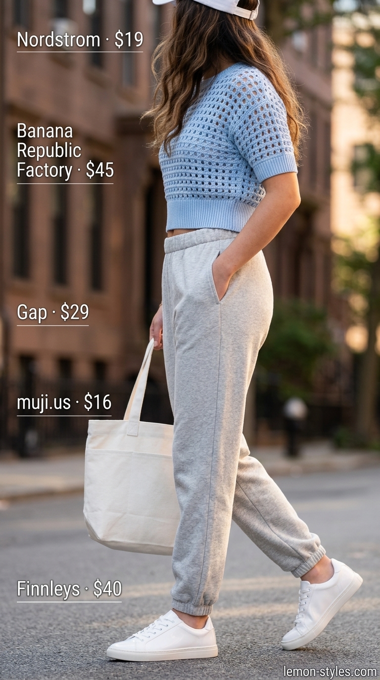 Sky blue crochet crop top, grey joggers, white sneakers for casual comfort 2026.