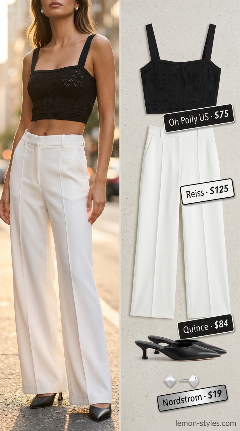 Chic crochet summer crop top outfits 2026: Black short-sleeve top with white tailored trousers for city sightseeing.