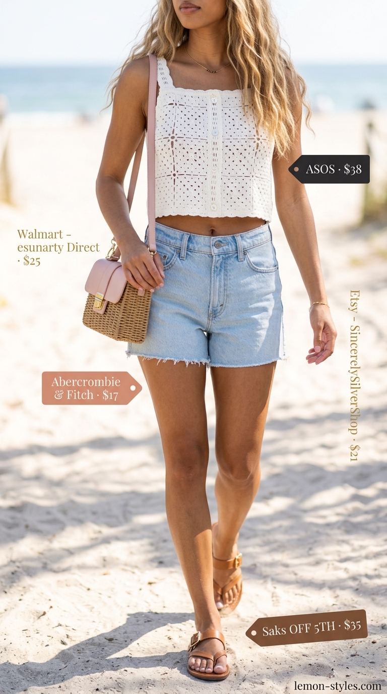 White crochet crop top, denim shorts, tan sandals for a coastal outfit 2026.