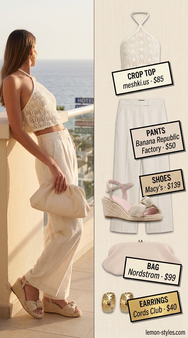 Elegant crochet summer crop top outfits 2026: Cream knit halter top with flowy beige linen pants for a chic evening date.