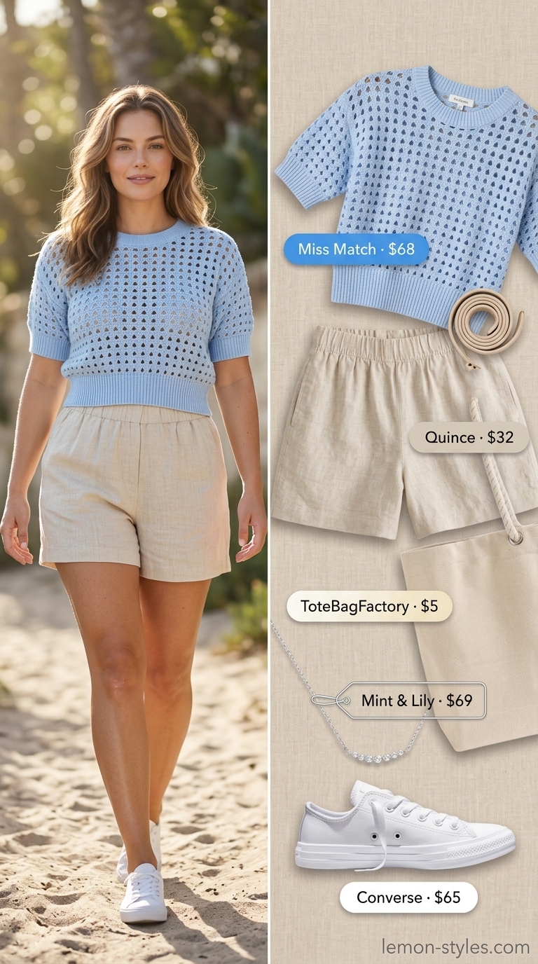 Sky blue crochet crop top, linen shorts, white sneakers for a coastal casual outfit 2026.