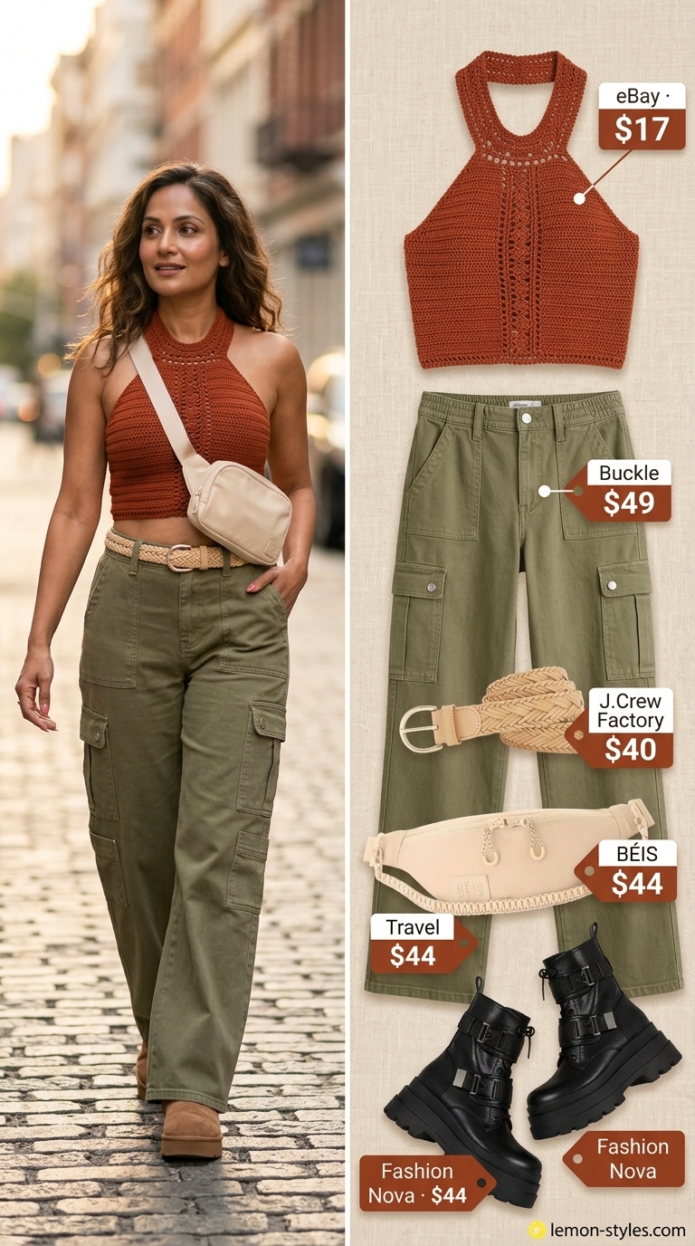 Trendy crochet summer crop top outfits 2026: Terracotta halter top with olive green cargo pants for outdoor fun.