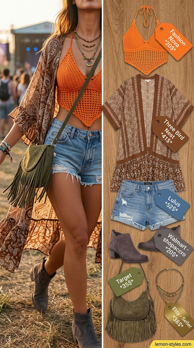 Festival ready crochet summer crop top outfit 2026 with distressed denim shorts, kimono, and ankle boots.