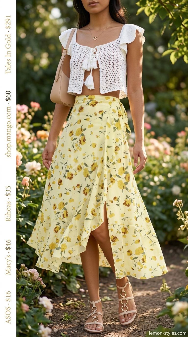 White crochet crop top, floral midi skirt, nude sandals for a garden party 2026.