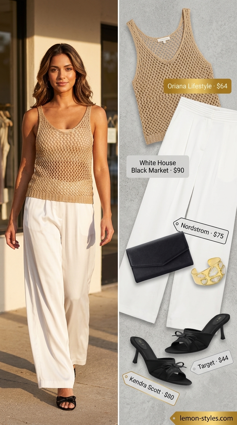 Glamorous crochet summer crop top outfits 2026: Gold metallic knit top with black palazzo pants for evening drinks.