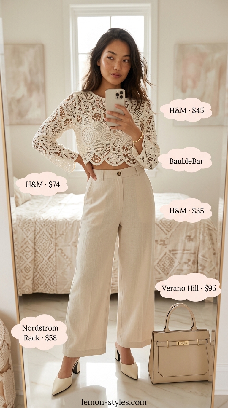 Monochrome crochet summer crop top outfits 2026: Cream fitted knit top with light beige linen trousers for brunch.