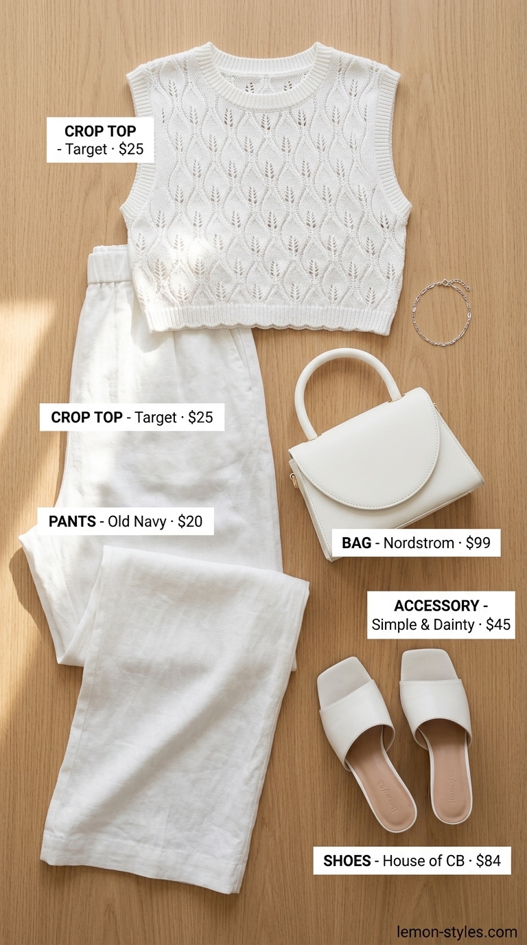Minimalist crochet summer crop top outfits 2026: White sleeveless top with white linen pants for a luncheon.