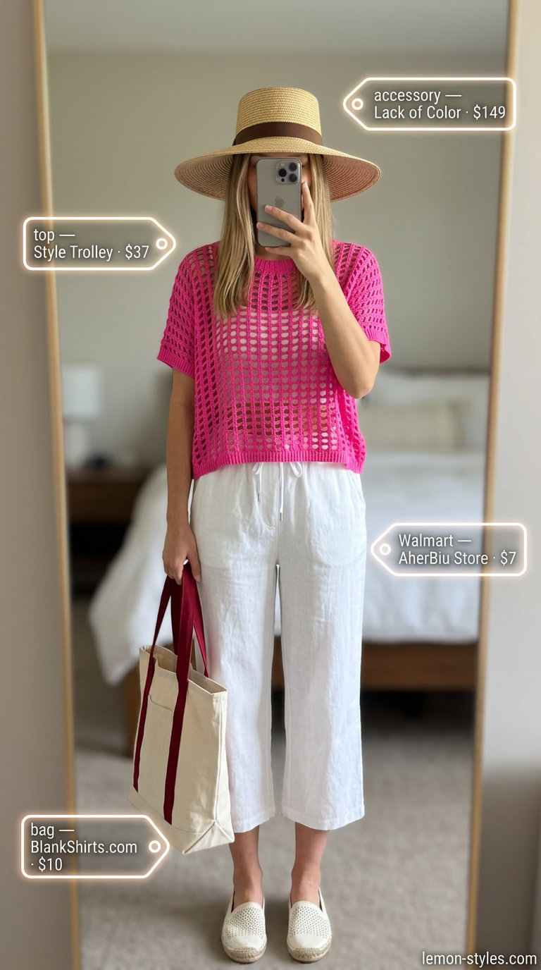 Playful crochet summer crop top outfits 2026 with capri pants, sun hat, and canvas tote.