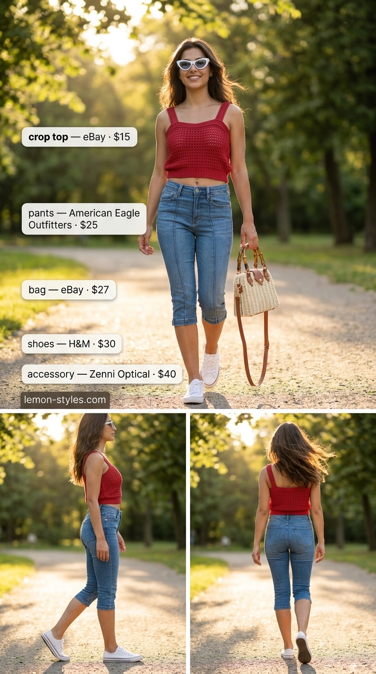 Red crochet crop top, denim capris, white sneakers for a retro summer outfit 2026.
