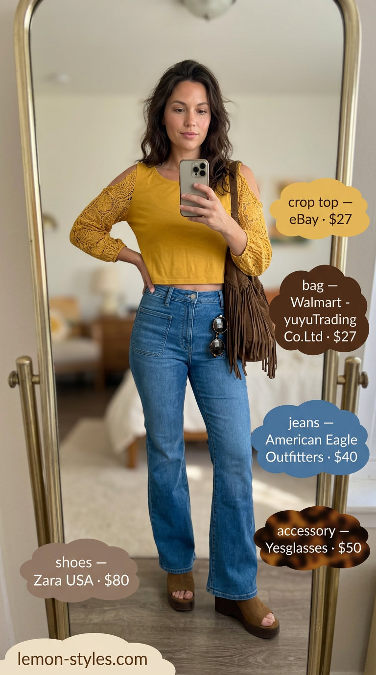 Mustard yellow crochet crop top, flared jeans, platform wedges for retro concert 2026.