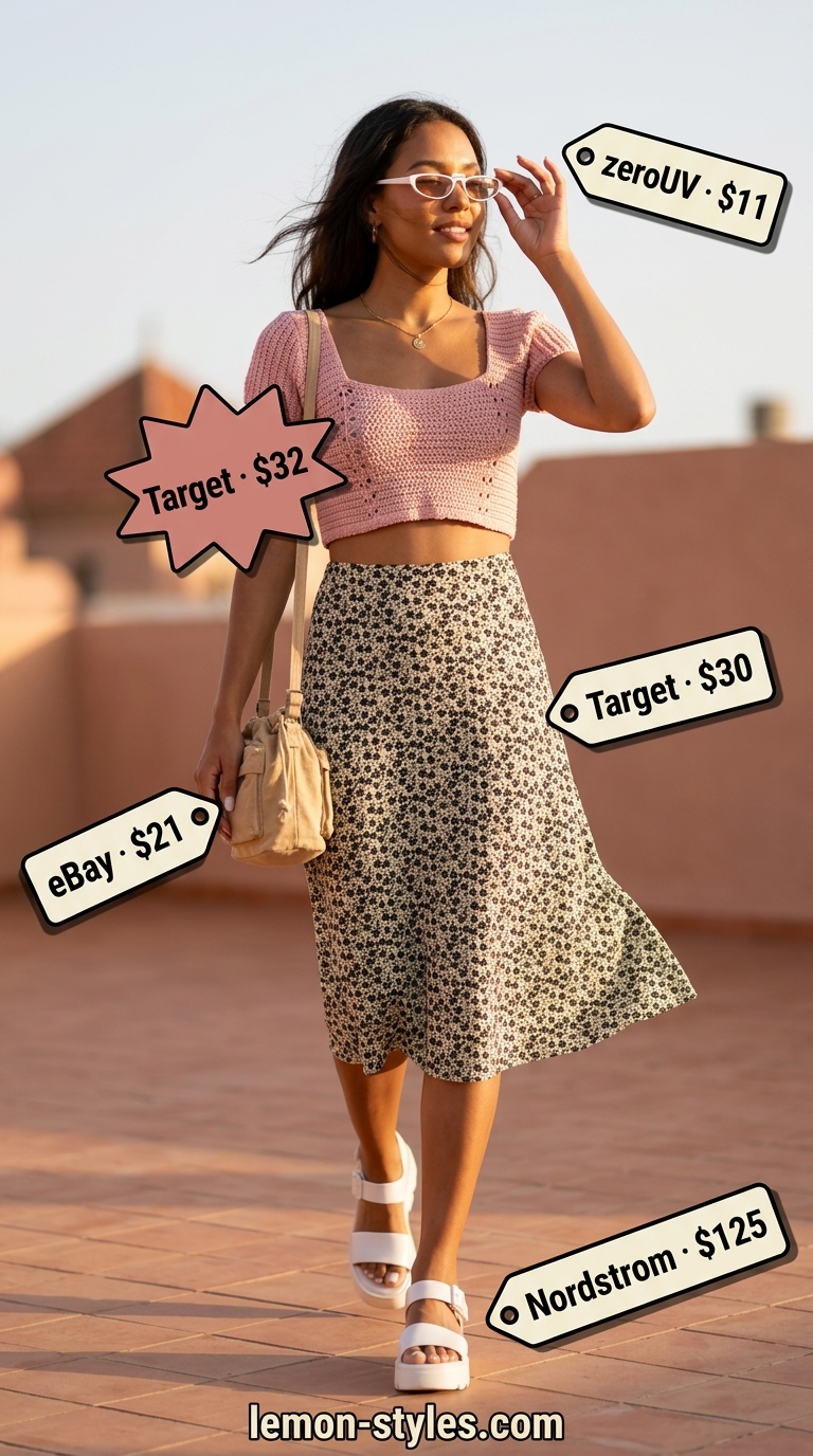 Pastel pink crochet crop top with puff sleeves, floral midi skirt, white platforms for a picnic outfit 2026.