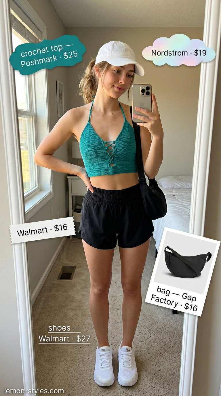 Sporty crochet summer crop top outfits 2026 with athletic shorts, baseball cap, and sneakers.
