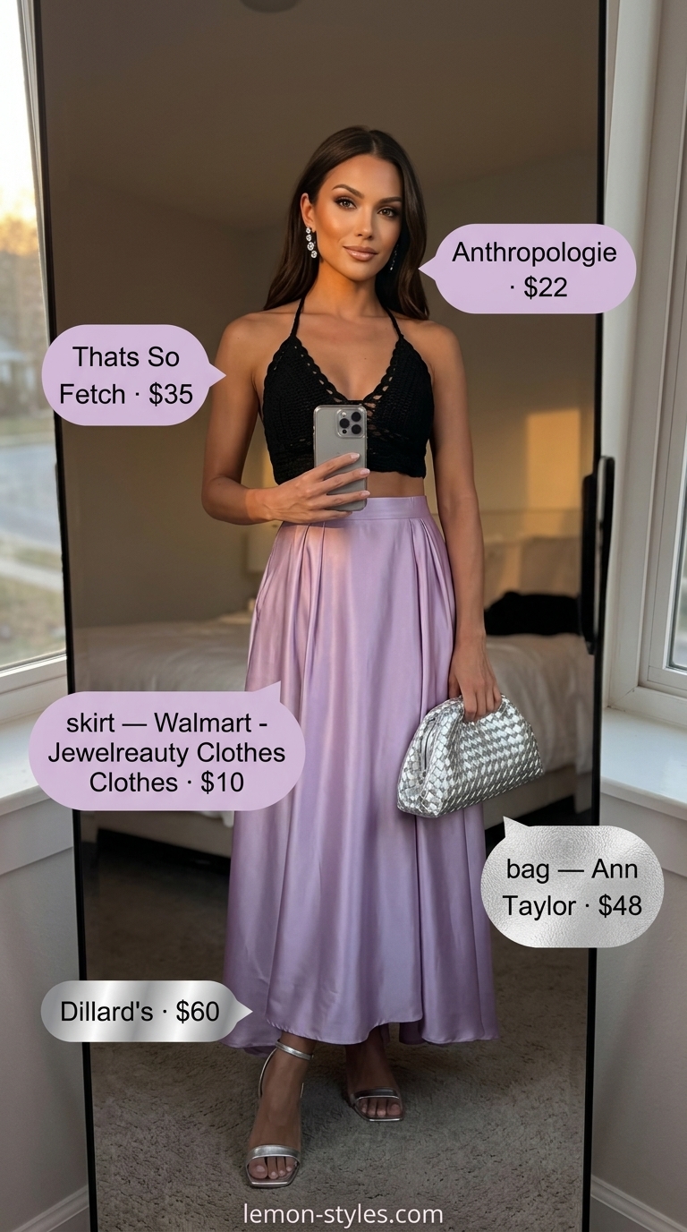 Elegant crochet summer crop top outfits 2026: Black halter top with lilac maxi skirt for an evening event.