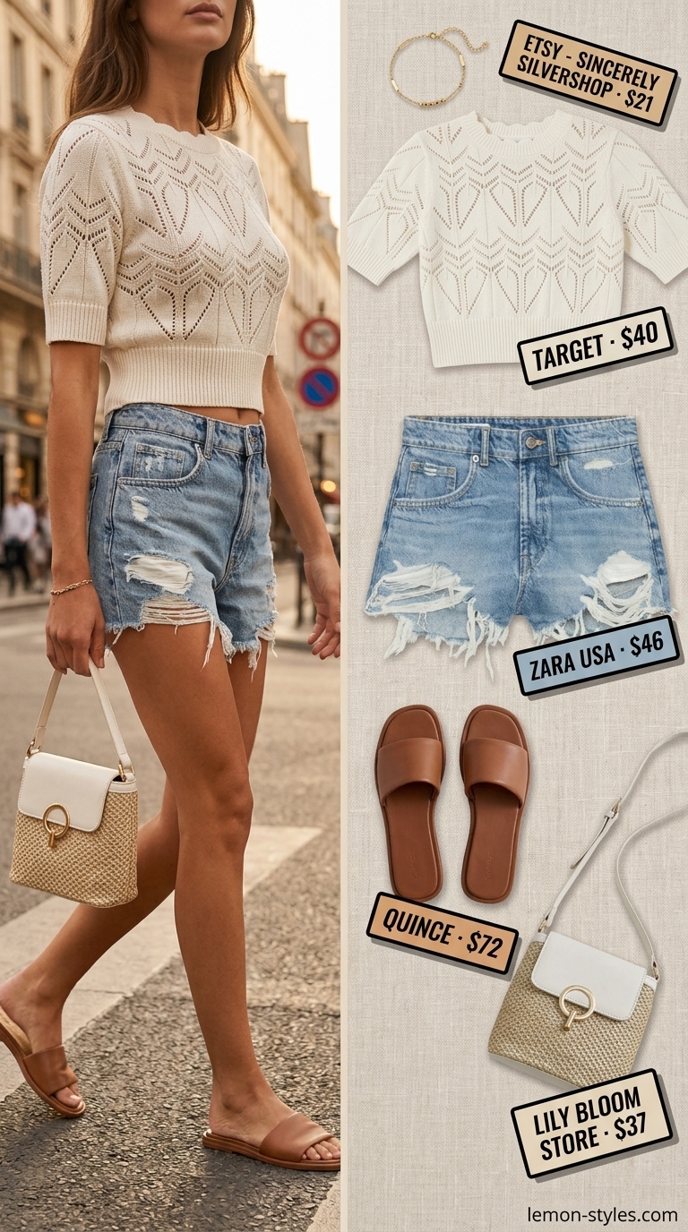 Casual crochet summer crop top outfits 2026: White knit top with denim shorts for a beach day.