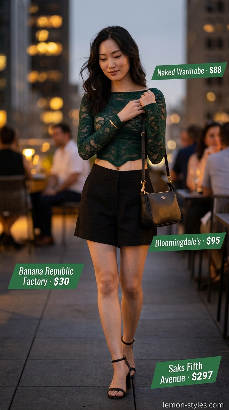 Modern crochet summer crop top outfits 2026 with tailored shorts, block heels, and leather bag.