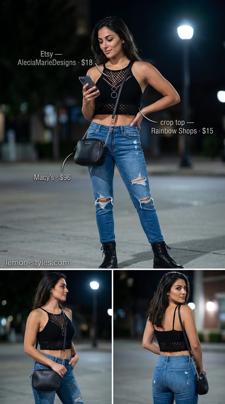 Edgy crochet summer crop top outfits 2026: Black knit tank top with distressed jeans and combat boots.