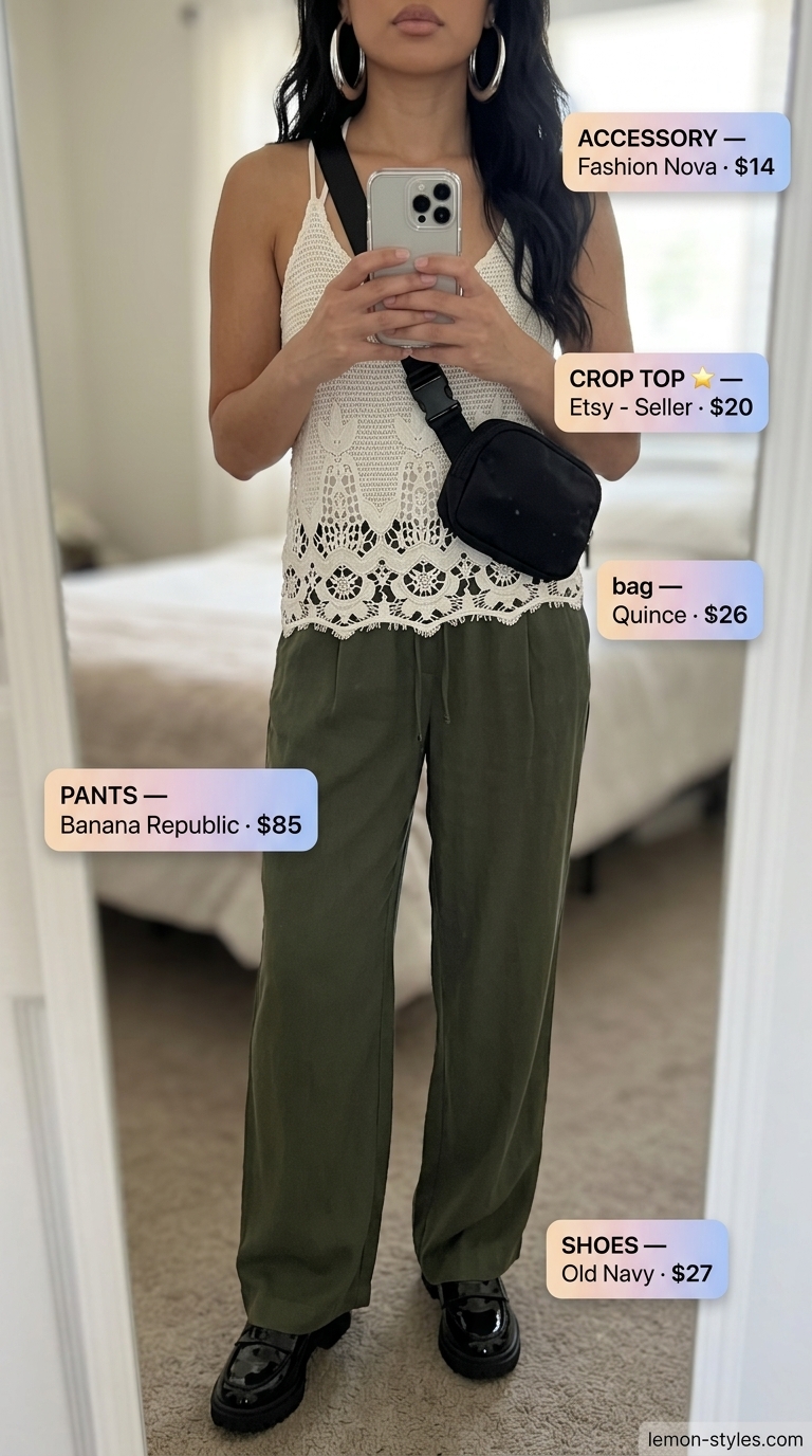 Modern crochet summer crop top outfits 2026 with wide-leg trousers, loafers, and belt bag.