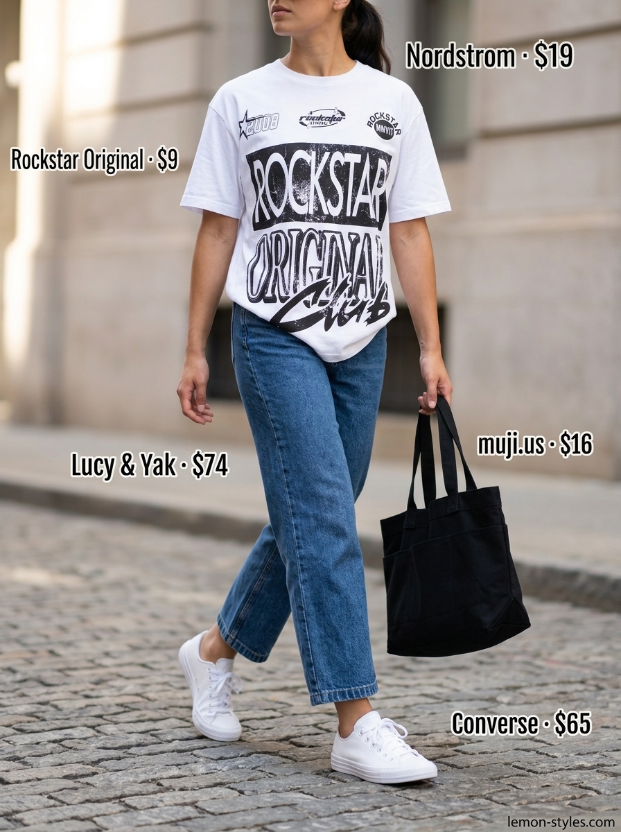 Casual cool outfit with cropped summer pants for women 2026, white graphic tee, black cap, and denim.