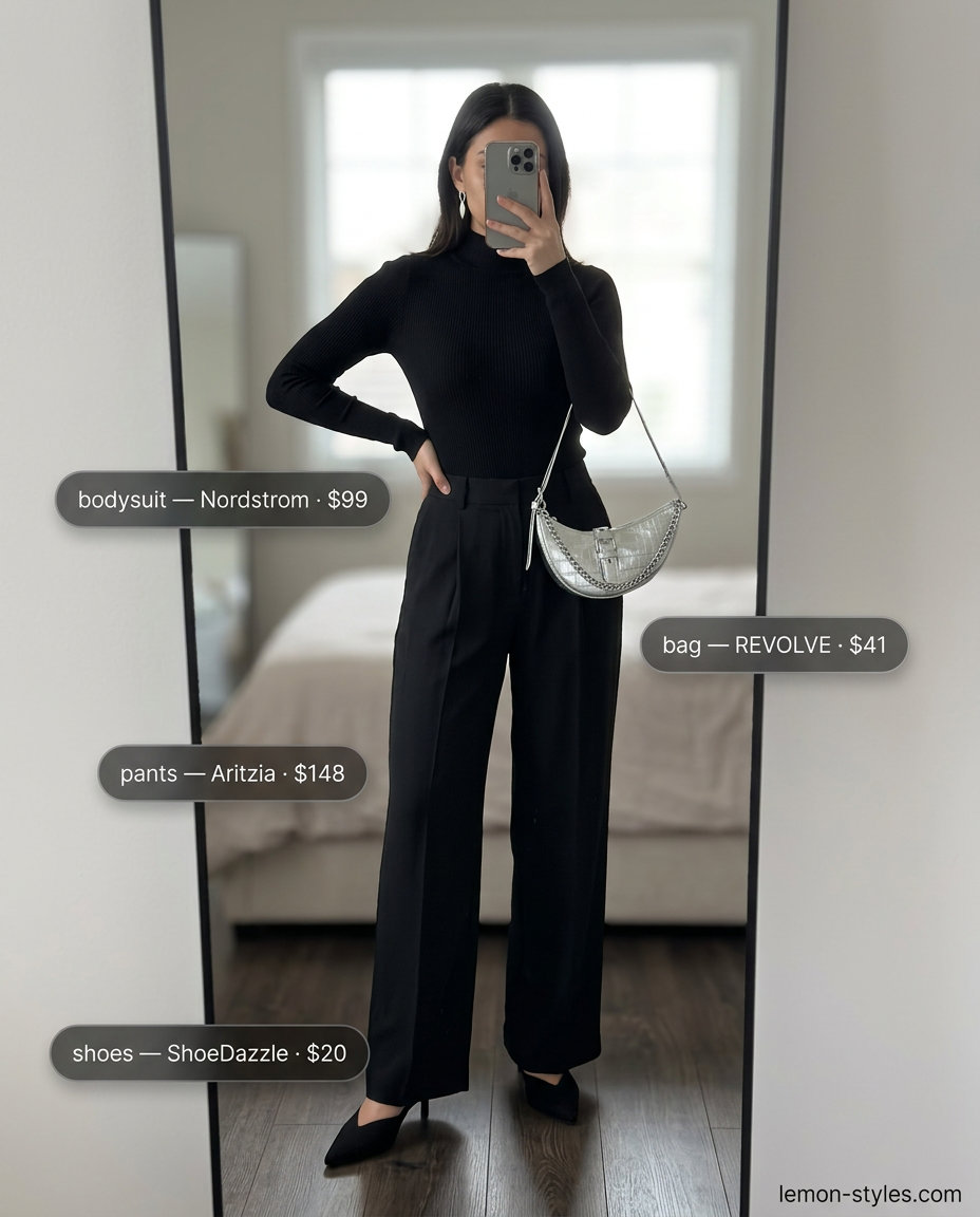Elegant evening outfit featuring a black bodysuit, silver bag, and mules, paired with cropped summer pants for women 2026.
