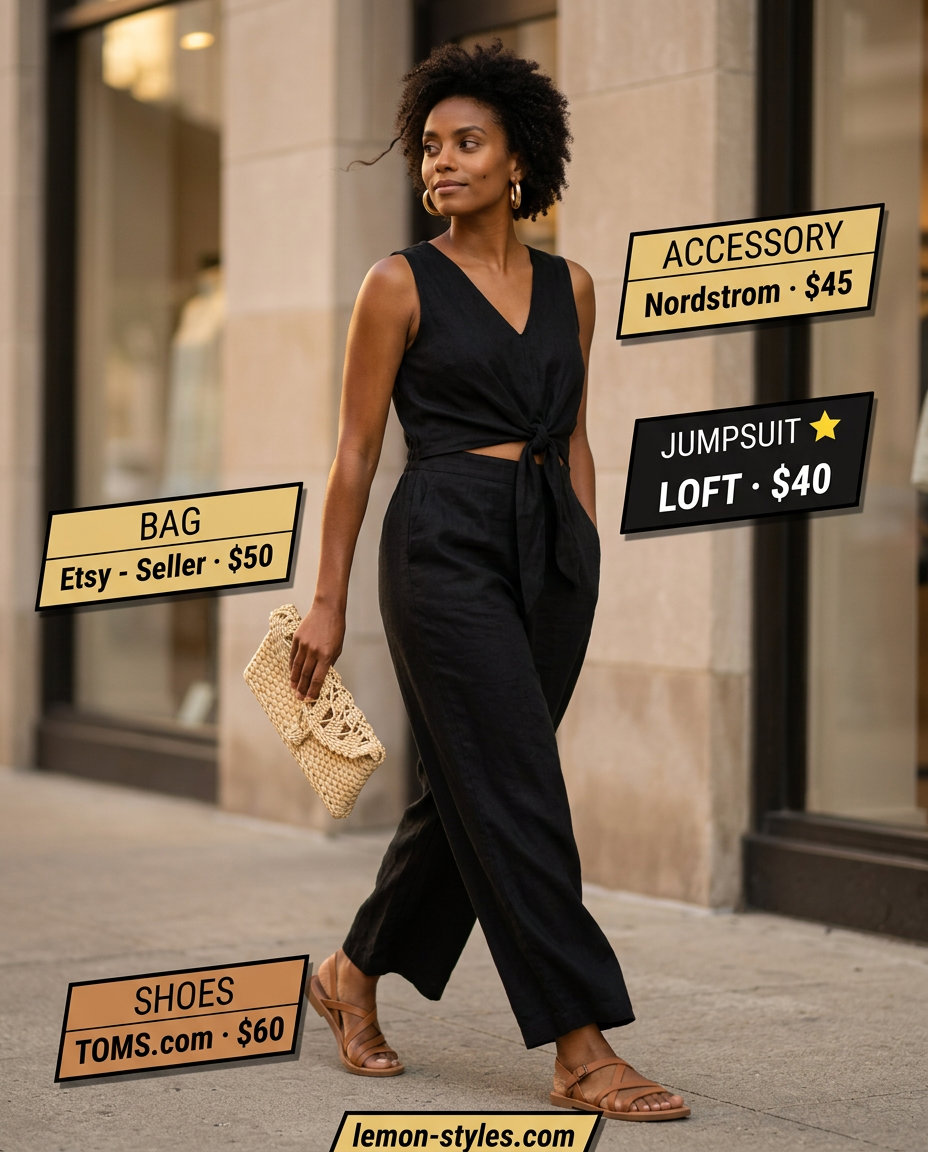 Black linen jumpsuit with cropped legs for women 2026, styled with straw clutch and gold hoops for a chic daytime event.