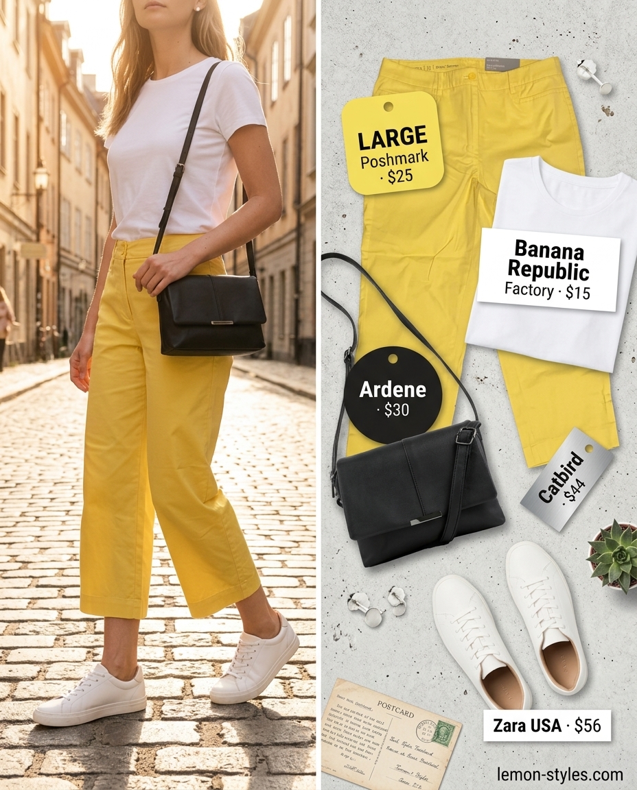 Yellow cropped summer pants for women 2026 with white tee, sneakers, and black crossbody bag for a casual outing.