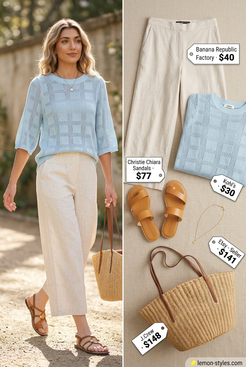 Airy coastal outfit with cream cropped linen pants for women 2026, pastel blue knit top, and straw tote.