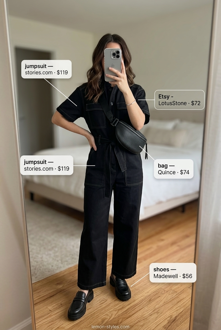 Navy utility jumpsuit with cropped legs for women 2026, paired with loafers and a belt bag for casual day out.