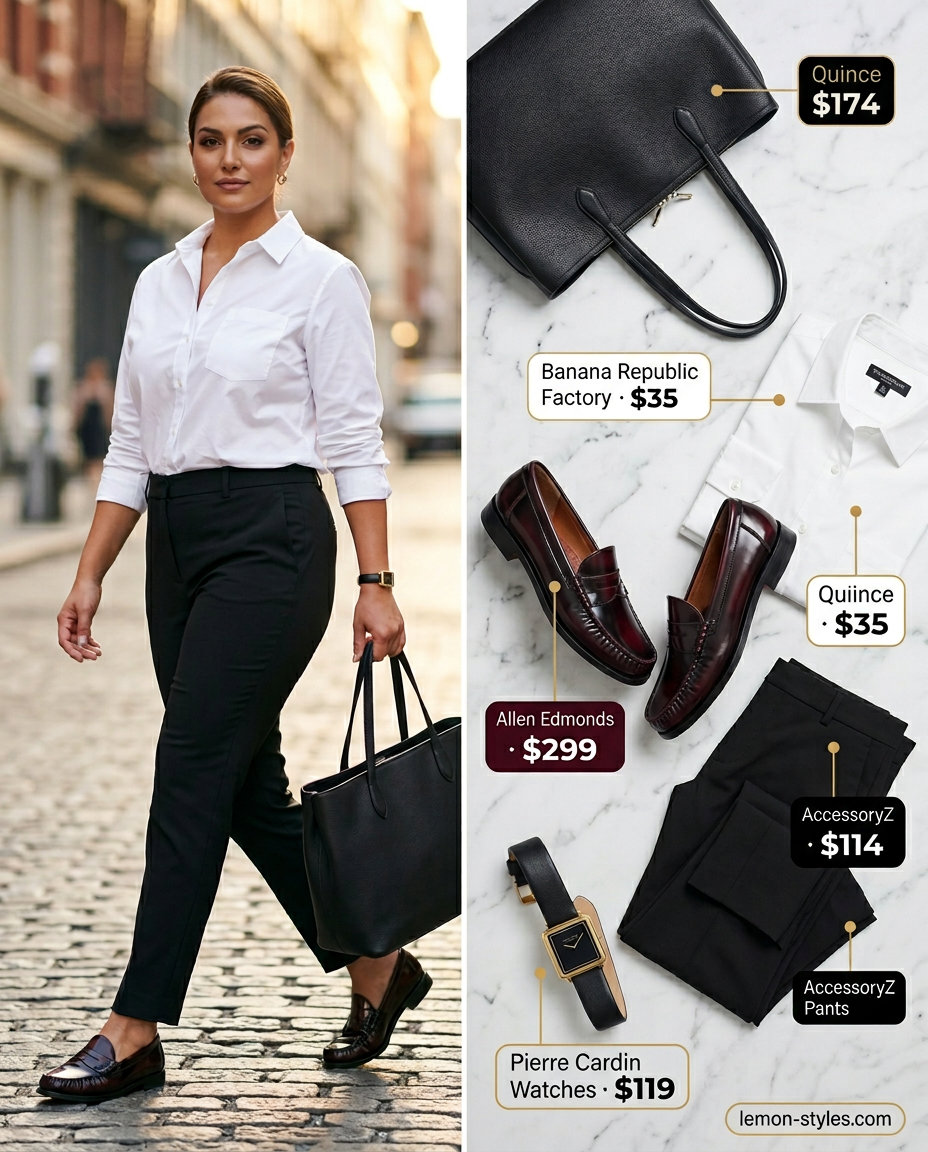 Polished office outfit with cropped summer pants for women 2026, white button-down, and burgundy loafers.